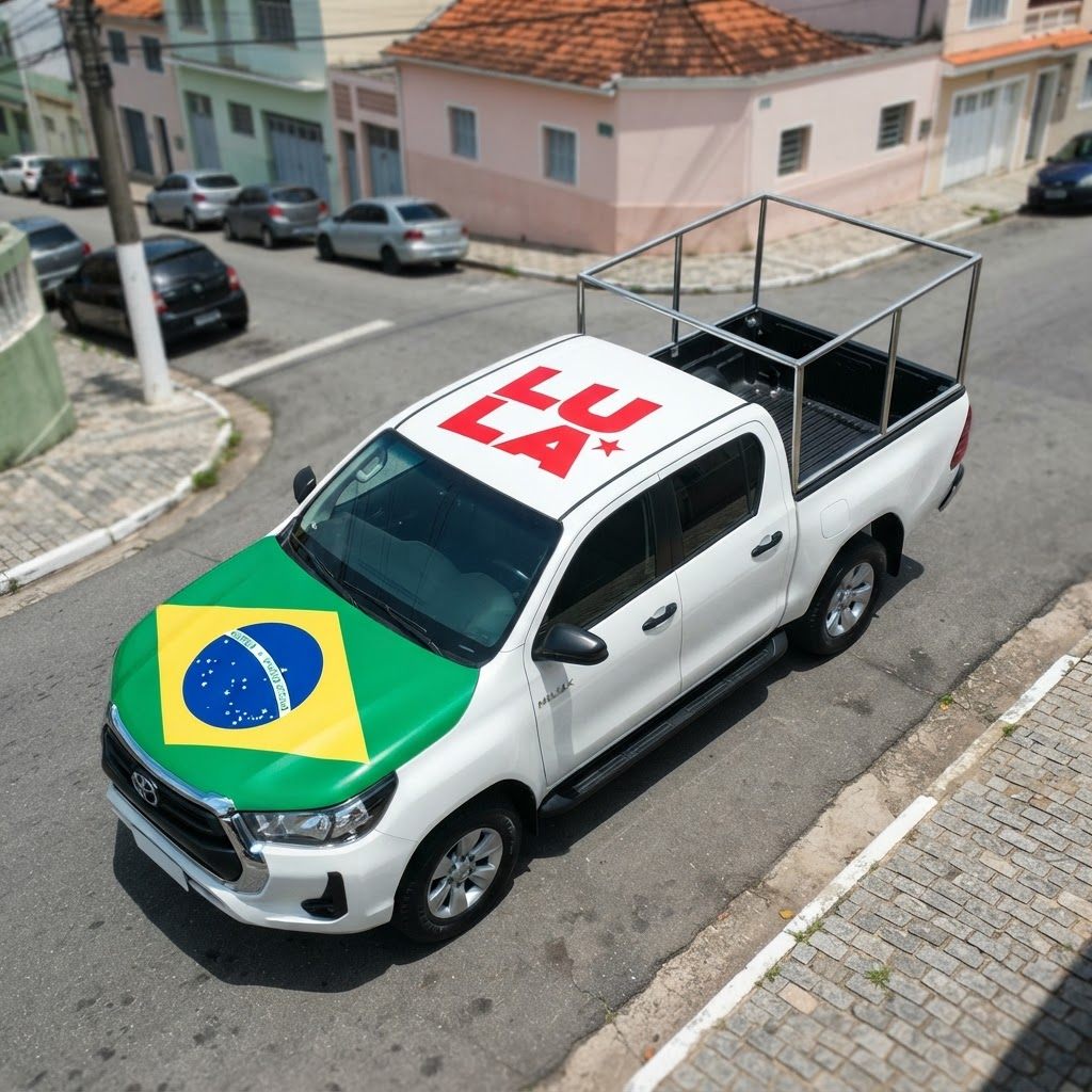 Pickup vermelha com adesivo LULA no teto, bandeira do Brasil no capô, estribos e estrutura de gaiola na caçamba