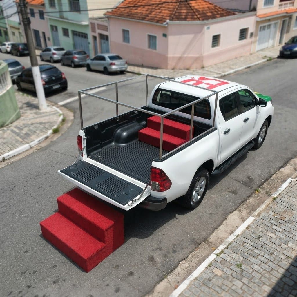 Vista traseira da pickup com tampa da caçamba aberta, degrau vermelho de acesso e degrau menor perto da cabine