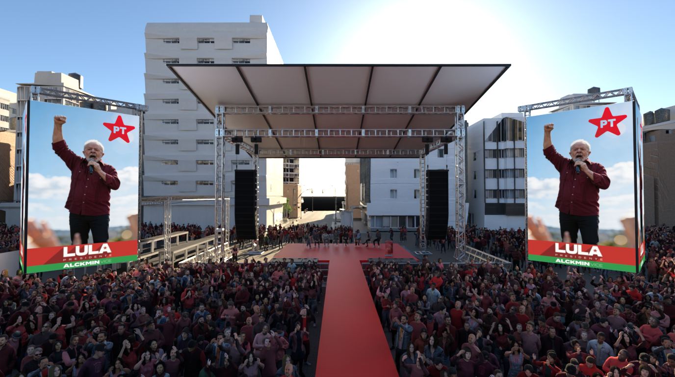 Render aéreo do Palco 1, mostrando as duas telas laterais em V, sem tela de fundo
