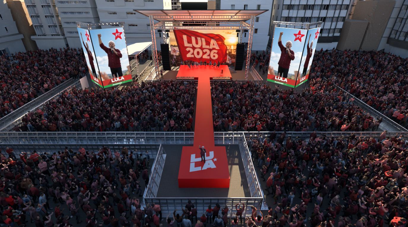 Render aéreo do Palco 2 com foco na passarela em T e tela de fundo de LED