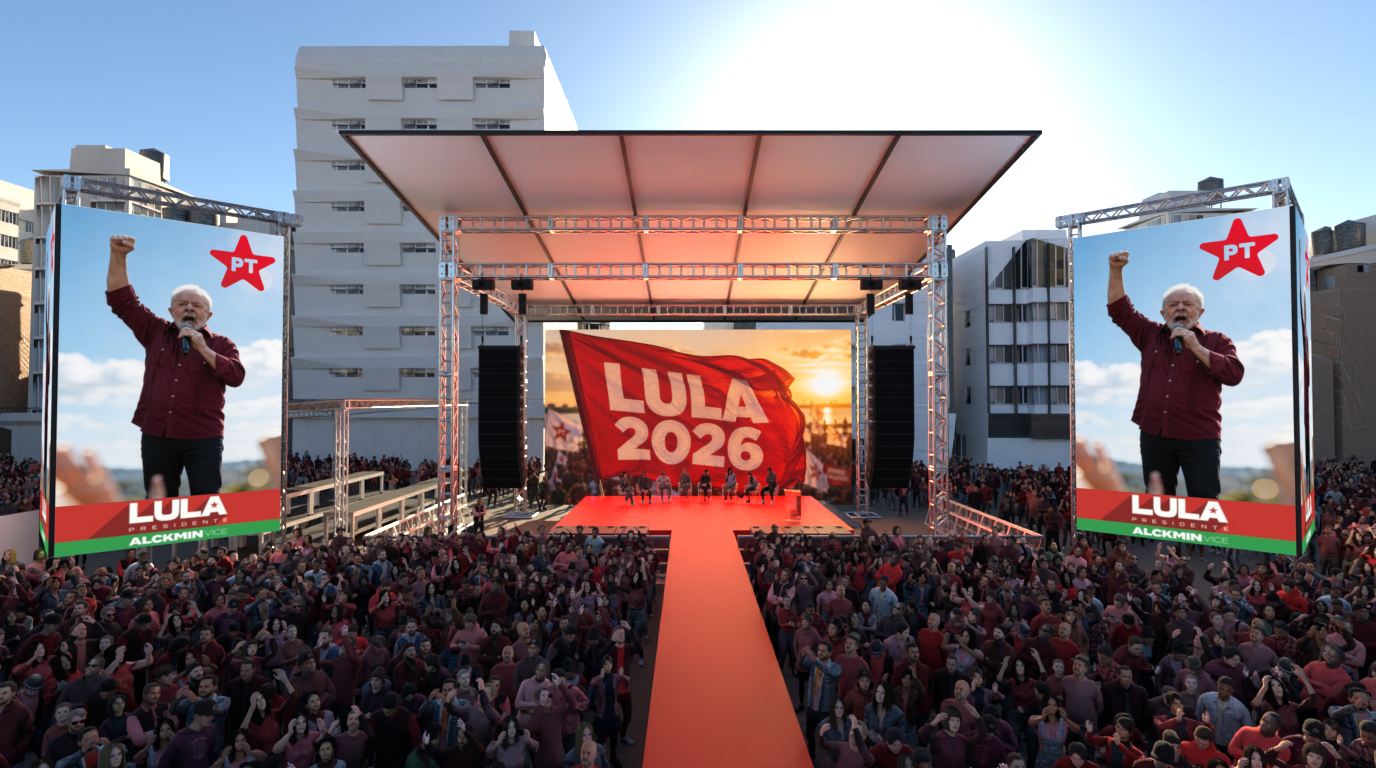 Render aéreo do Palco 2, mostrando as telas laterais em V e a tela de fundo de palco