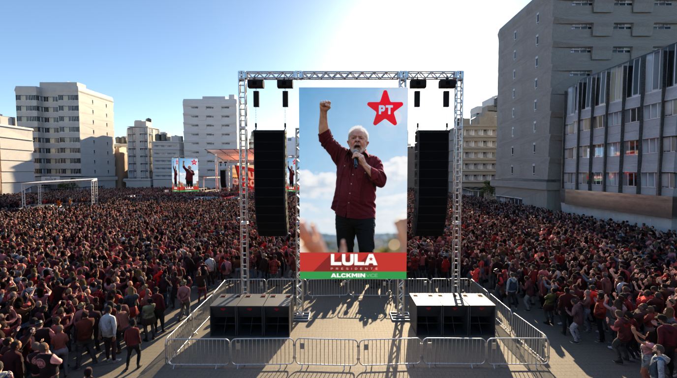 Render de torre de delay de LED posicionada no meio do público, Palco 2