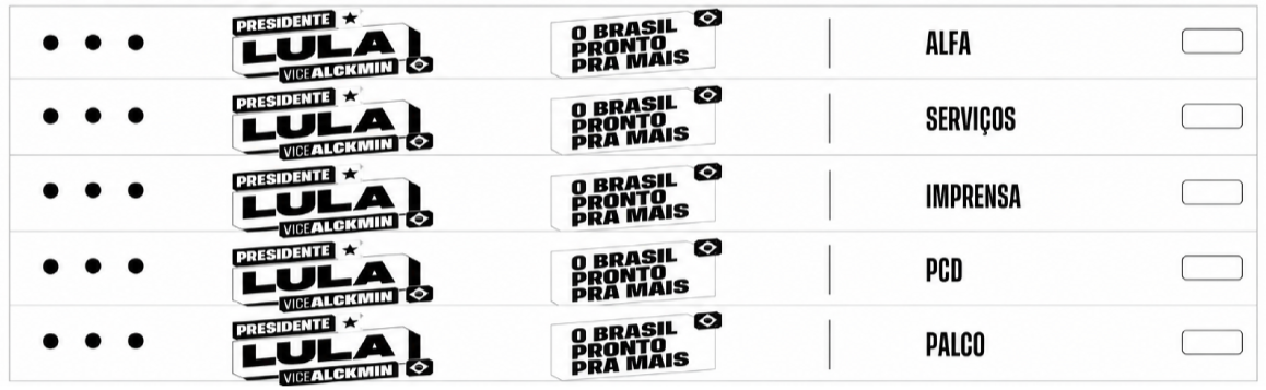Prova de impressão das pulseiras por categoria: Alfa, Serviços, Imprensa, PCD e Palco