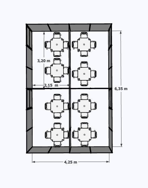 Apoio de serviços — planta baixa de referência, 4 salas de 3,20m × 2,15m