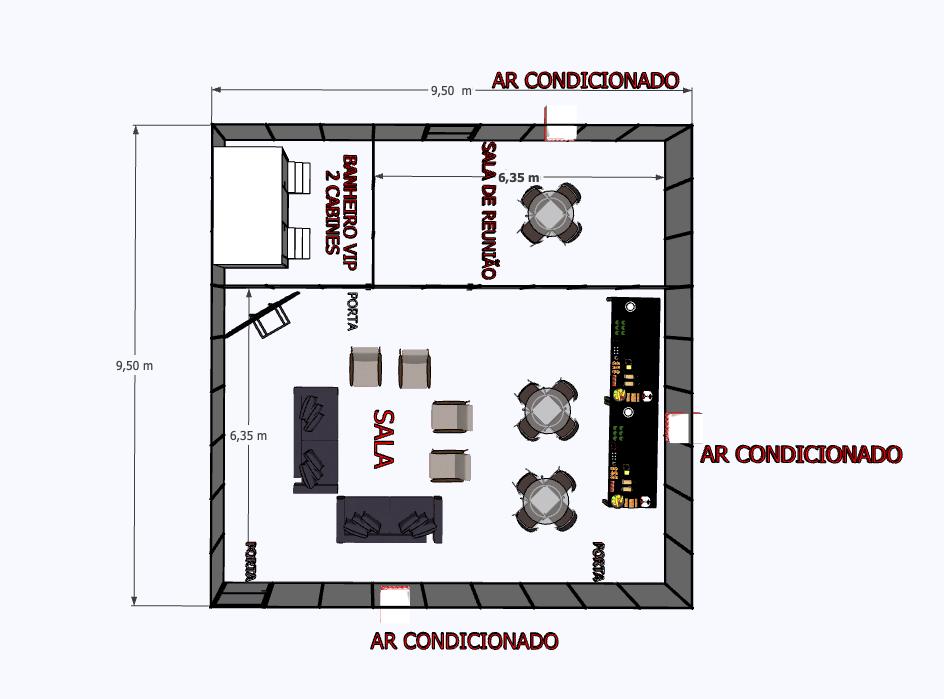 Sala PR — planta baixa de referência, com sala de reunião e banheiro VIP