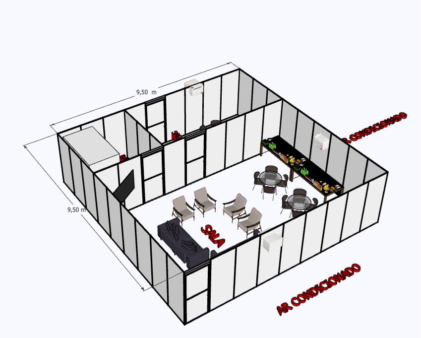 Sala PR — planta 3D isométrica de referência