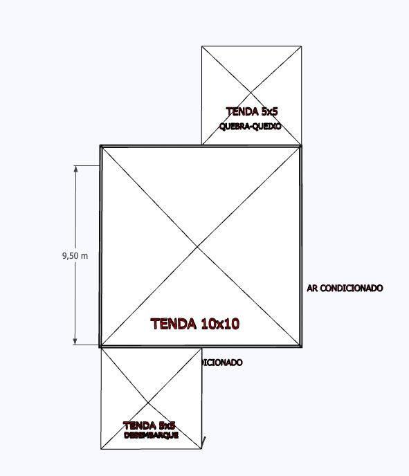 Sala PR — planta do conjunto de tendas, com tendas anexas de quebra-queixo e desembarque