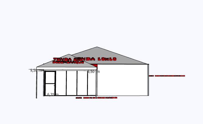 Sala PR — elevação lateral, tenda principal com tenda anexa